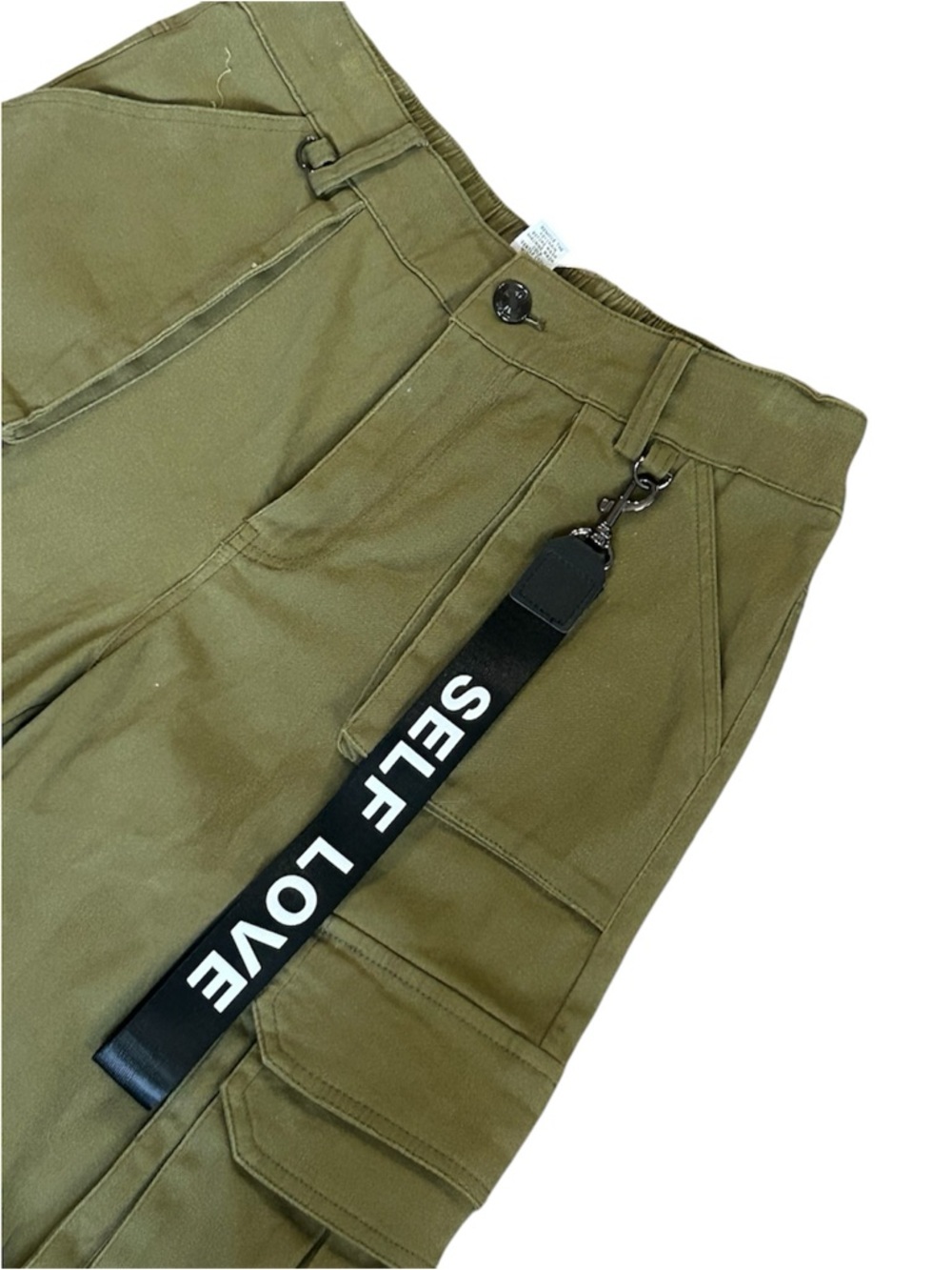 Rue21 Olive Cargo Pants with Black 'SELF LOVE' Strap - Picture 3 of 5